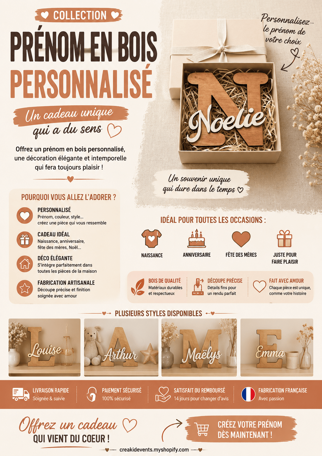 Prénoms en bois personnalisés - Creakidsevents